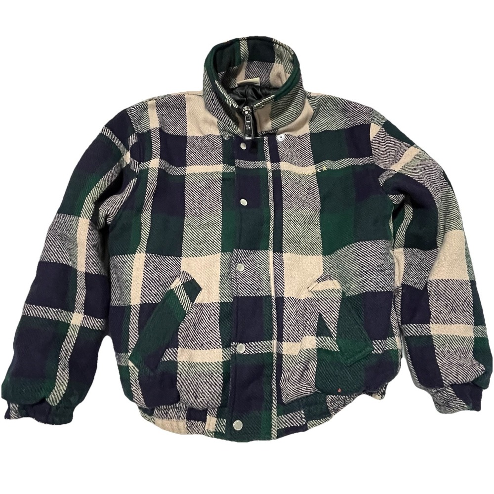YoungLA Highlander Flannel Quilted Coat Jacket Size SMALL Plaid Green Tan Blue